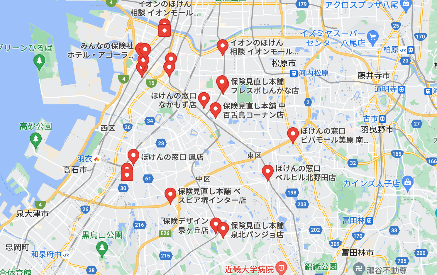 堺市の保険相談窓口のマップ